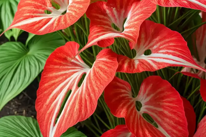 Red ruffles caladium (caladium bicolor ‘florida red ruffles’)