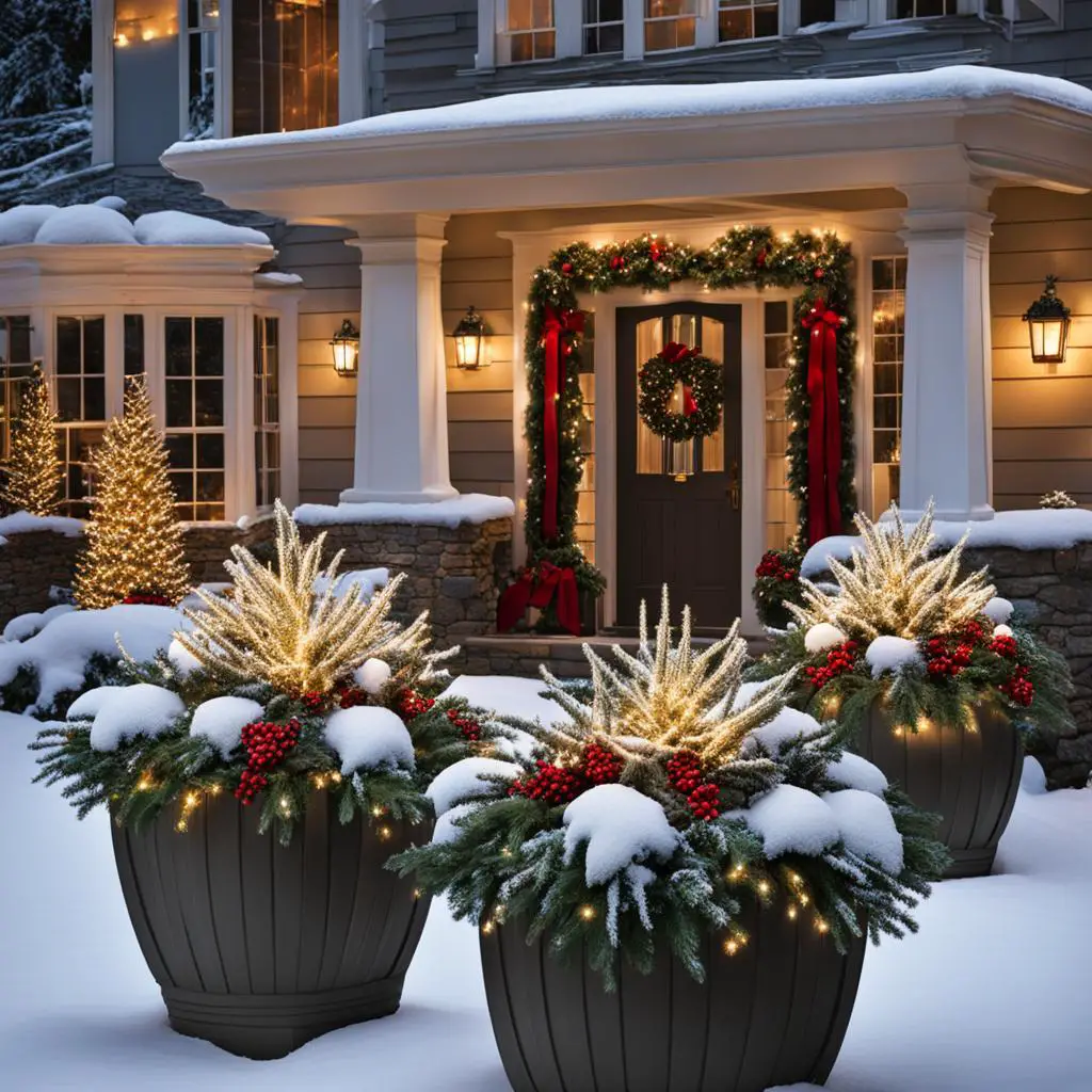 winter planters with lights